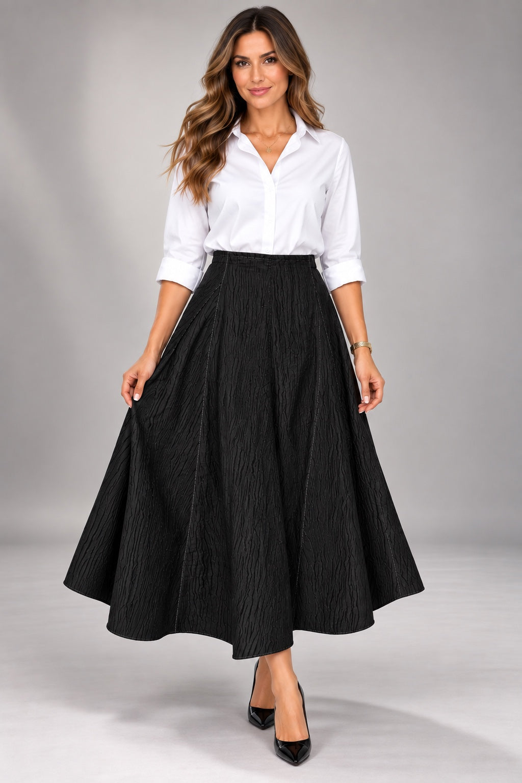 Plum | Crinkle A-Line Maxi Skirt — Black (front)
