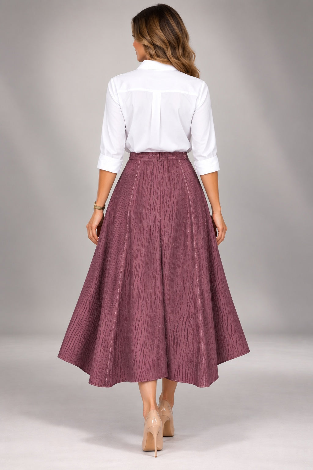 Plum | Crinkle A-Line Maxi Skirt — Burgundy (back)