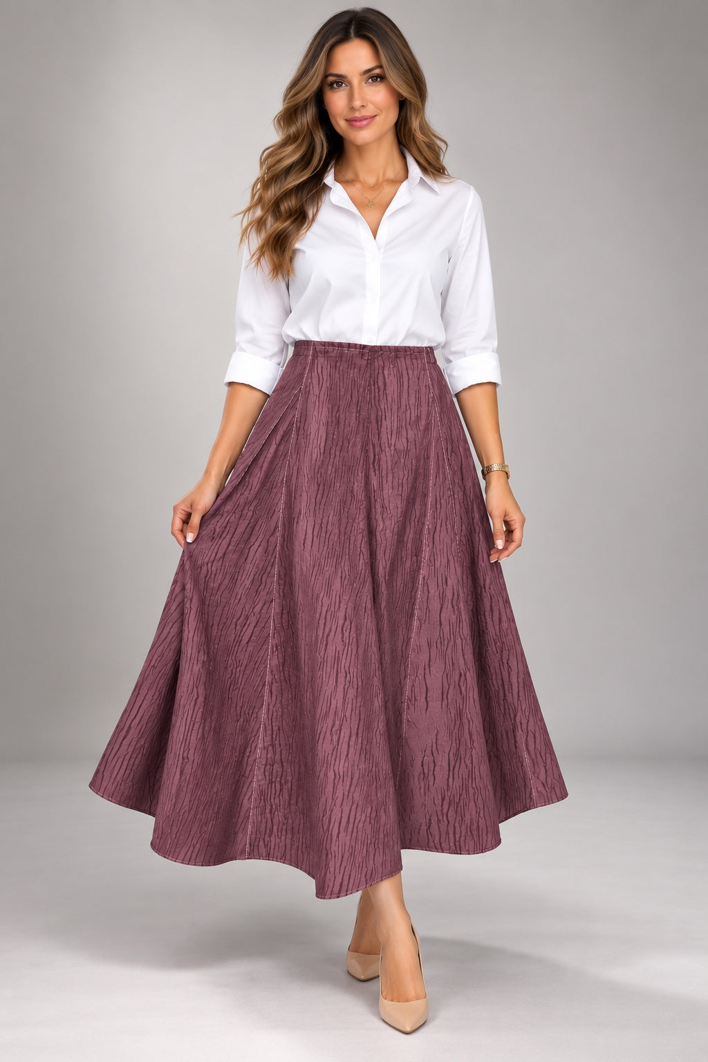 Plum | Crinkle A-Line Maxi Skirt — Burgundy (front)