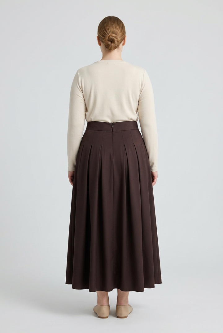 Vera | Double Buckle Pleated Skirt — Brown (back)