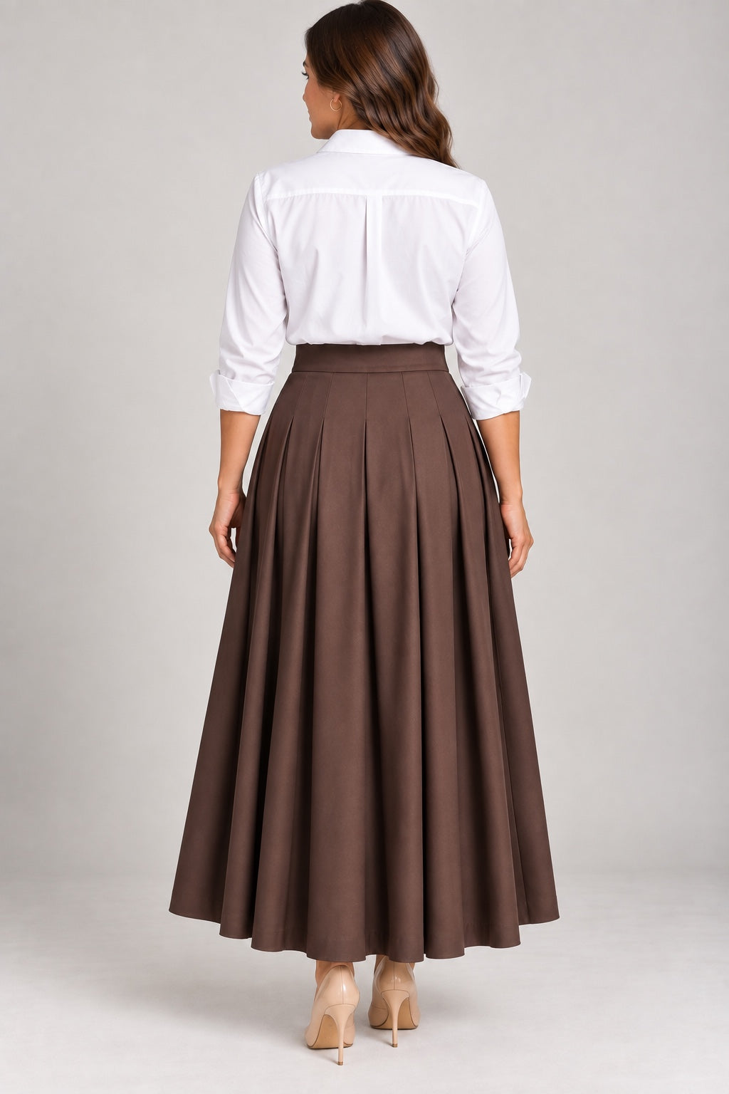 Vera | Double Buckle Pleated Skirt — Brown (back)