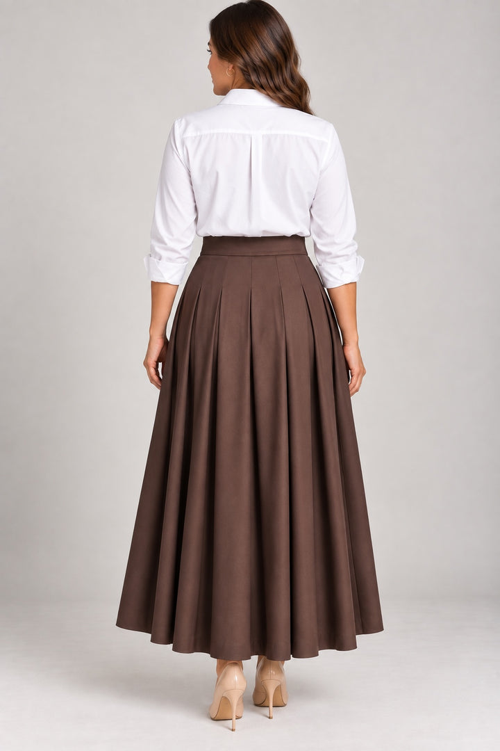 Vera | Double Buckle Pleated Skirt — Brown (back)