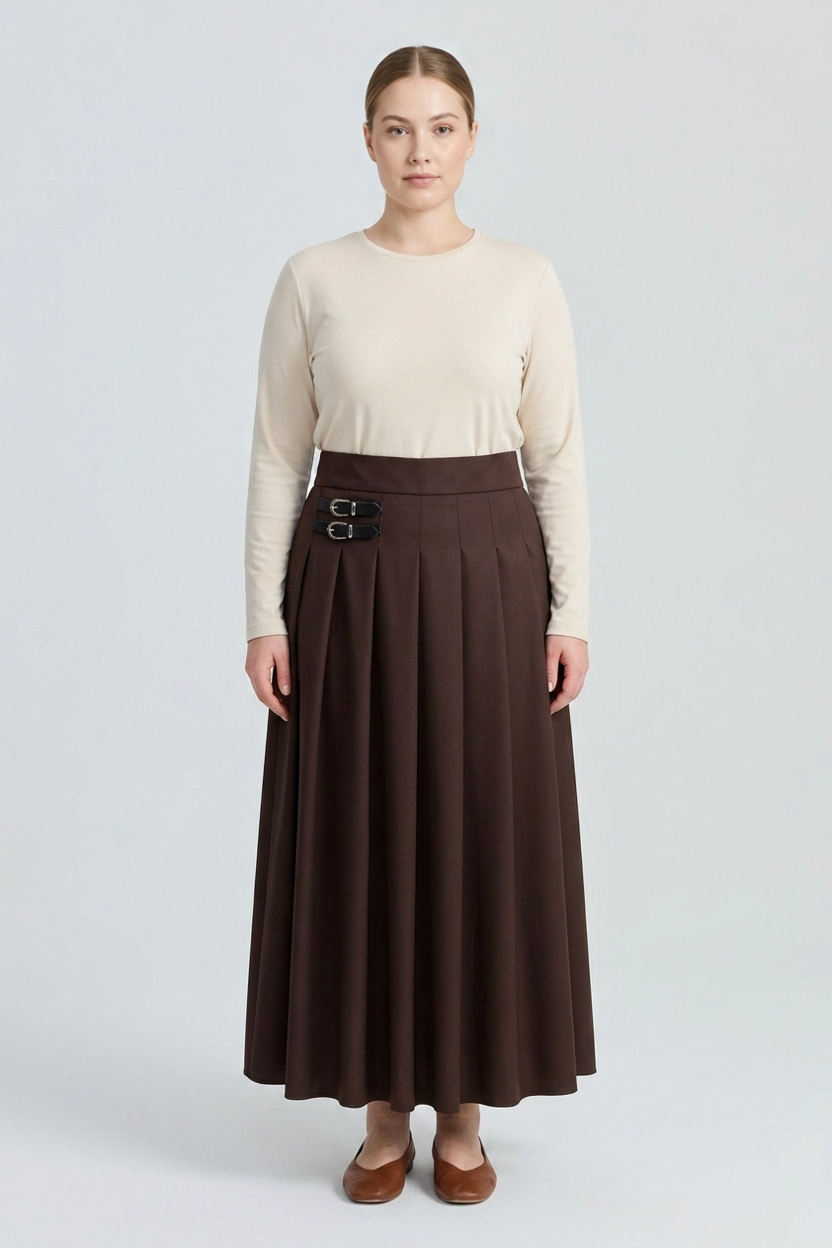 Vera | Double Buckle Pleated Skirt — Brown (front)