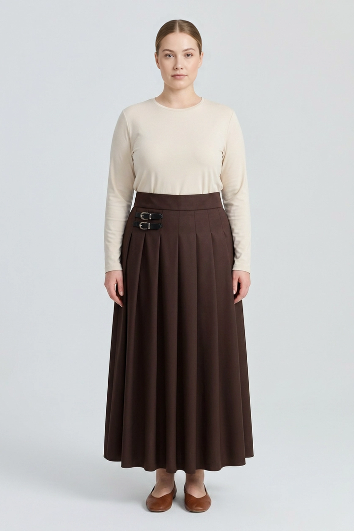 Vera | Double Buckle Pleated Skirt — Brown (front)