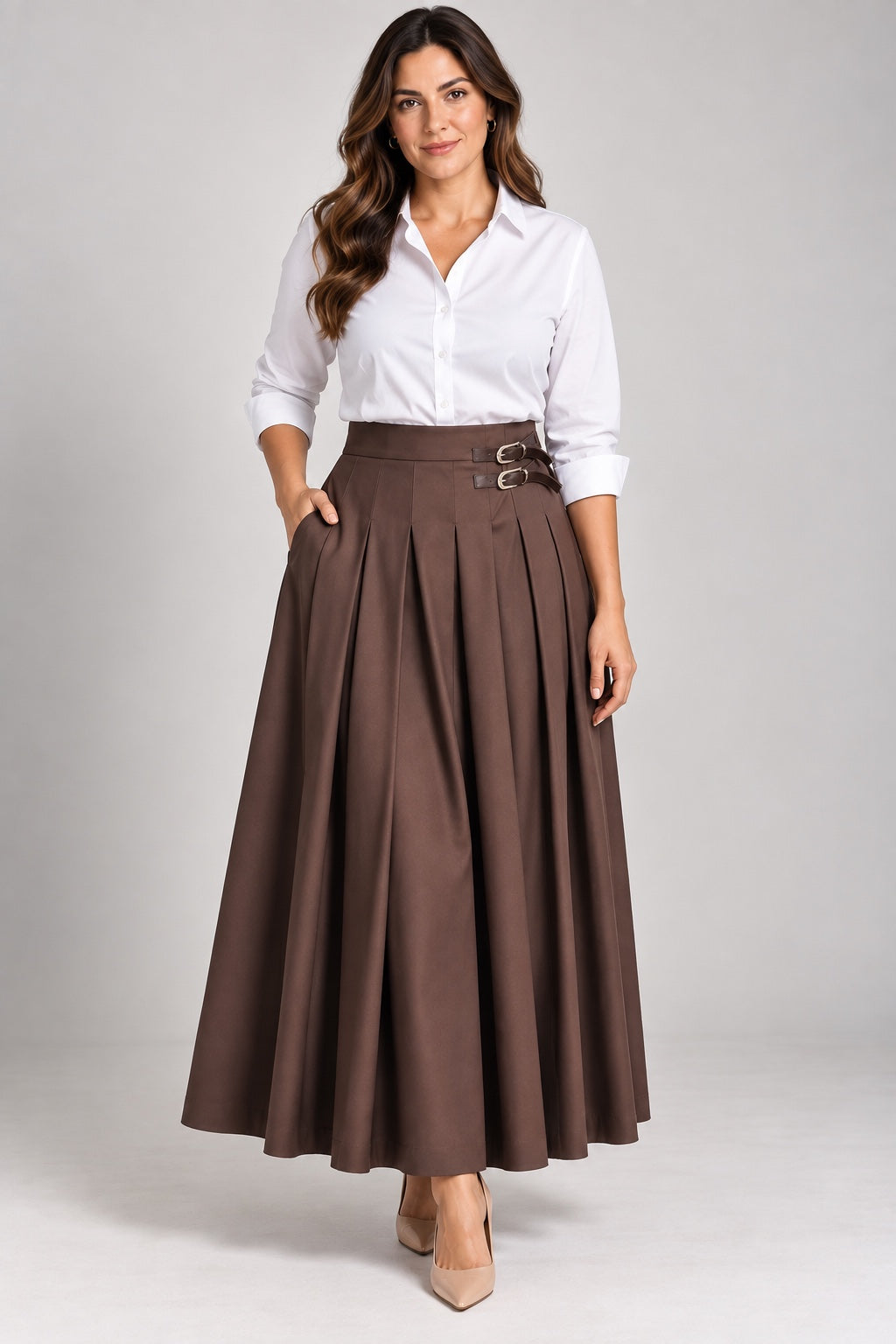 Vera | Double Buckle Pleated Skirt — Brown (front)
