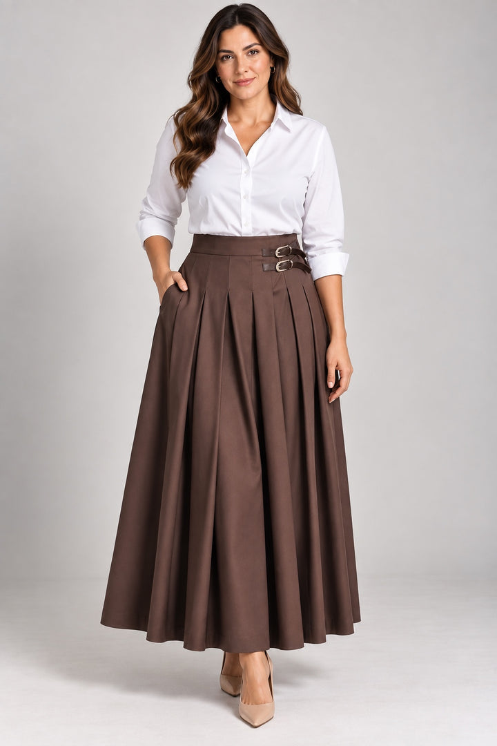Vera | Double Buckle Pleated Skirt — Brown (front)