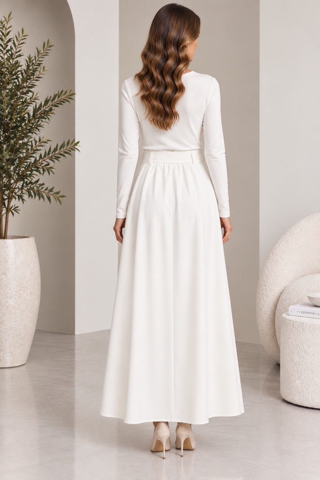 Lumen | Yoke Waist Flared Maxi Skirt [CLEARANCE -30%] — White (back)