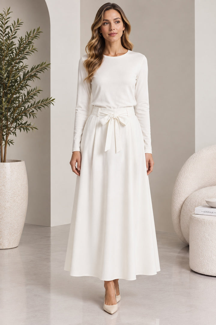 Lumen | Yoke Waist Flared Maxi Skirt [CLEARANCE -30%] — White (front)