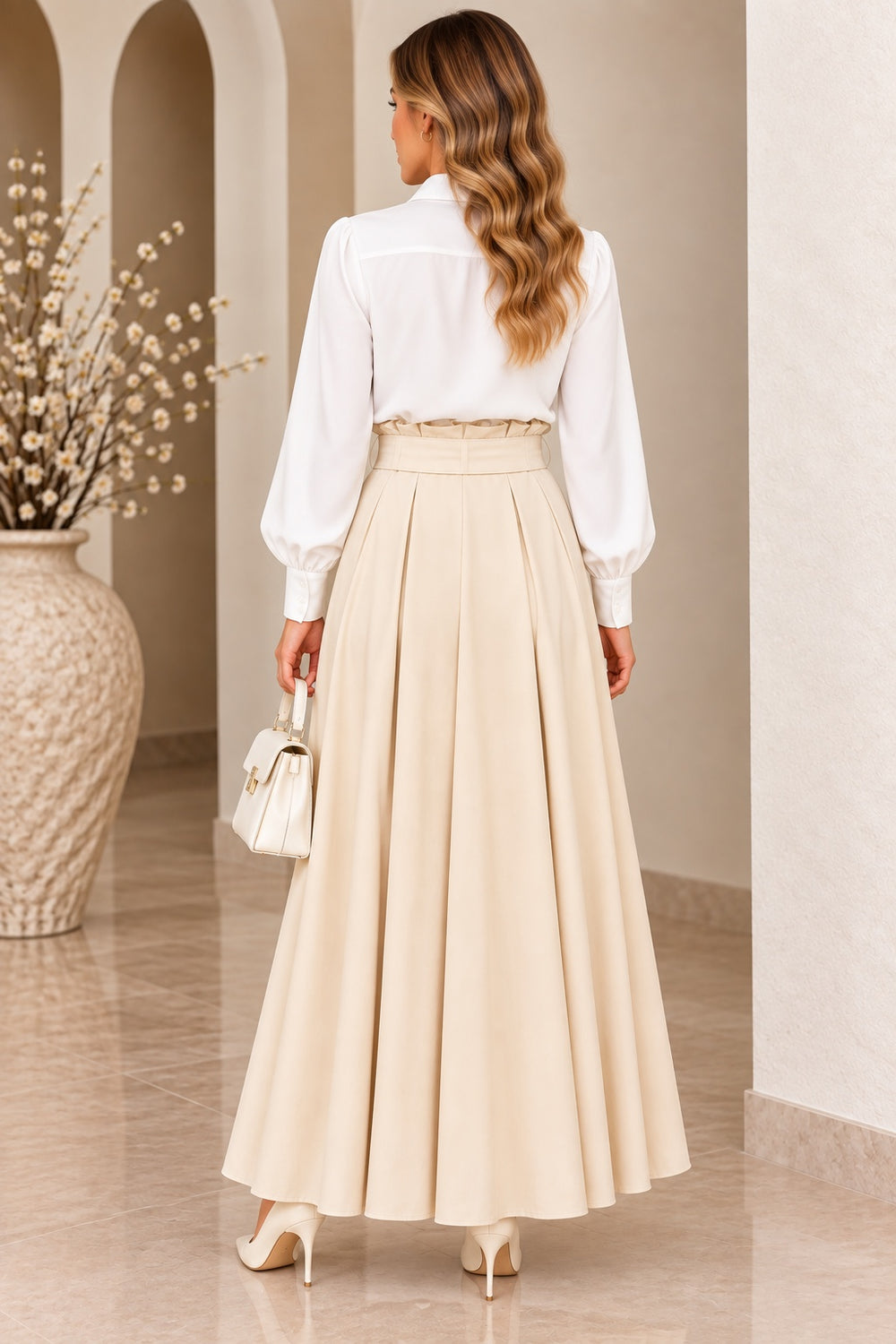 Tinsley | Crepe Belted Wide-Leg Trousers [CLEARANCE -50%] — Beige (back)