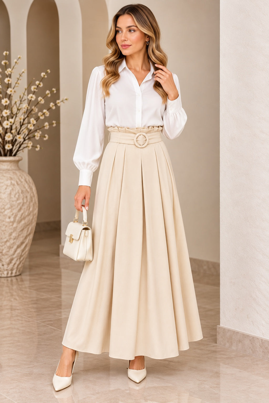 Tinsley | Crepe Belted Wide-Leg Trousers [CLEARANCE -50%] — Beige (front)
