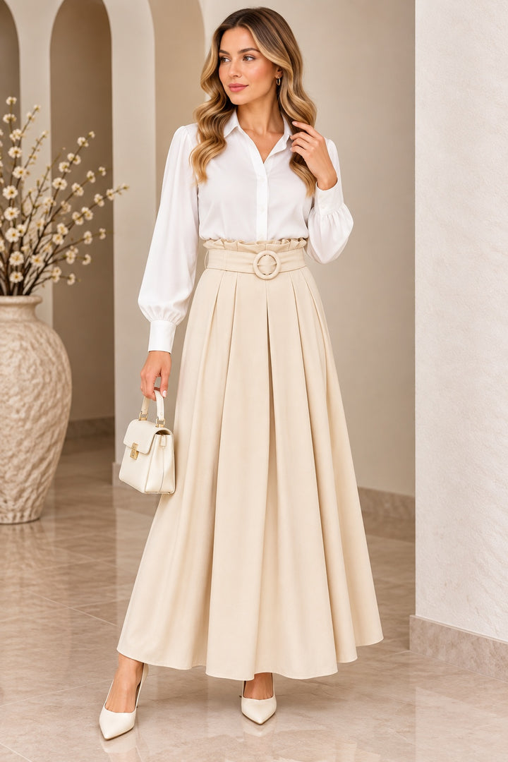 Tinsley | Crepe Belted Wide-Leg Trousers [CLEARANCE -50%] — Beige (front)
