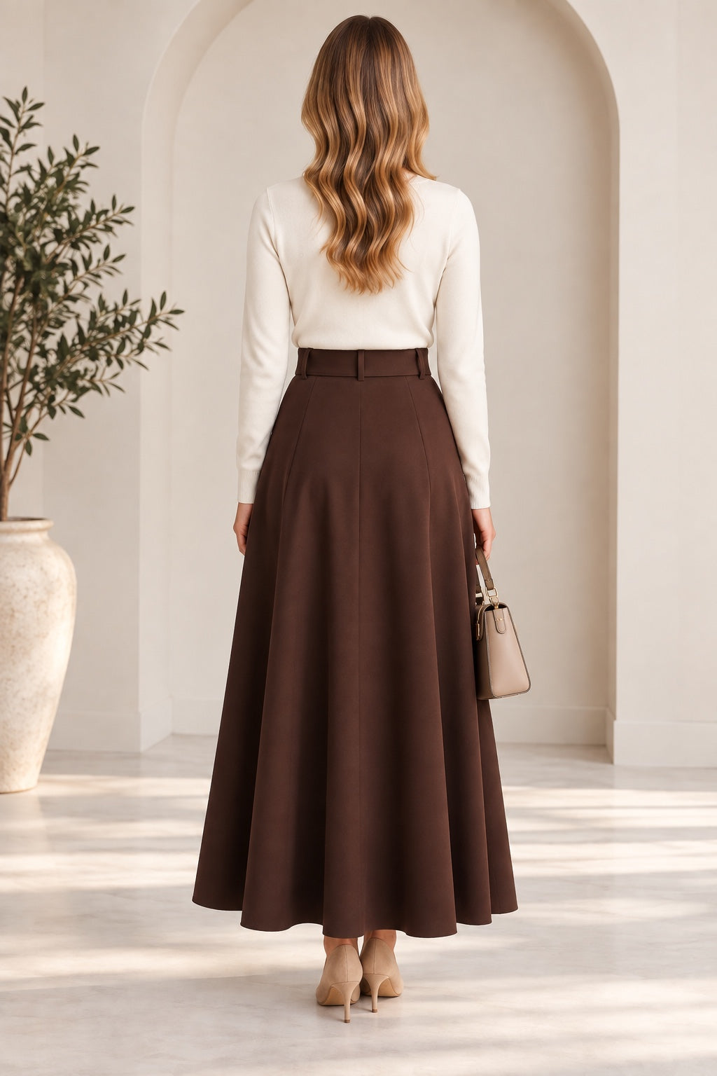 Audrey | Belted A-Line Midi Skirt — Brown (back)