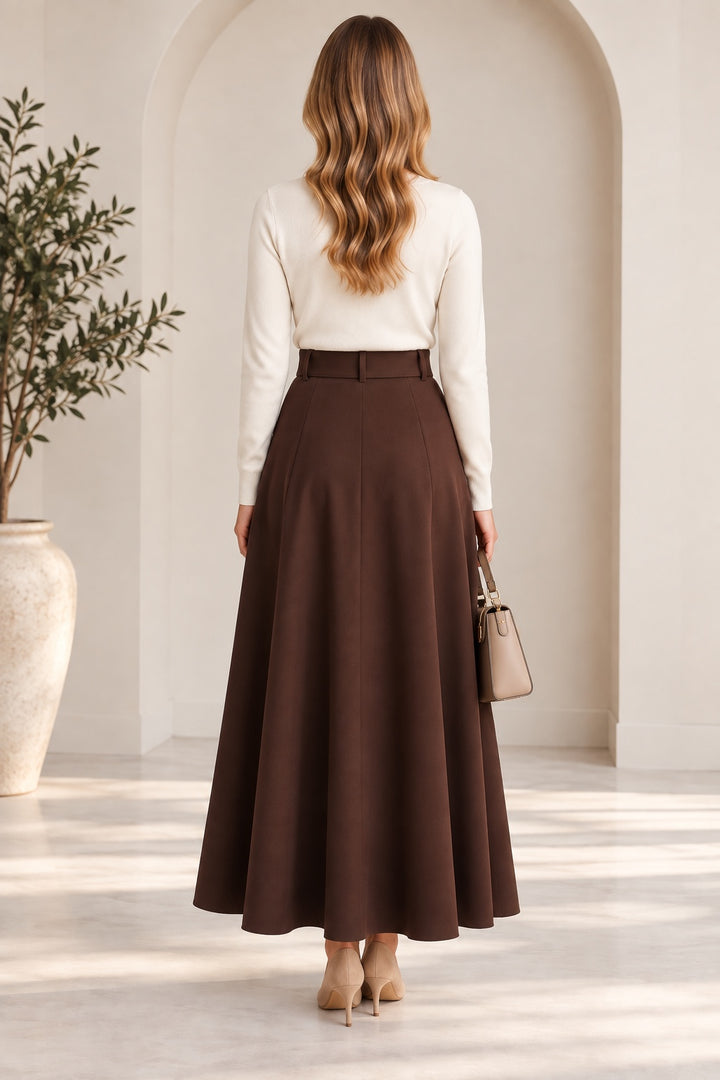 Audrey | Belted A-Line Midi Skirt — Brown (back)