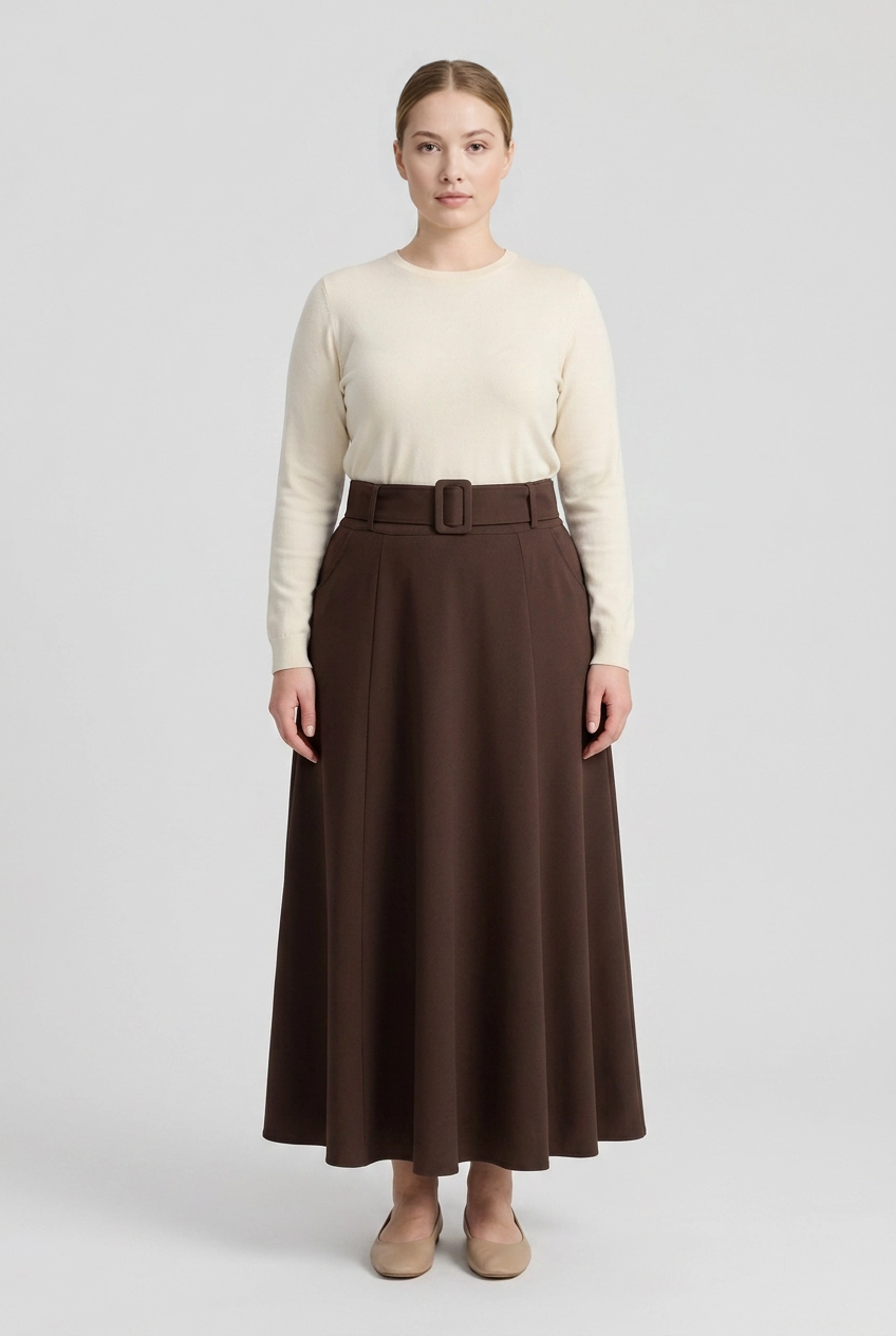 Audrey | Belted A-Line Midi Skirt — Brown (front)