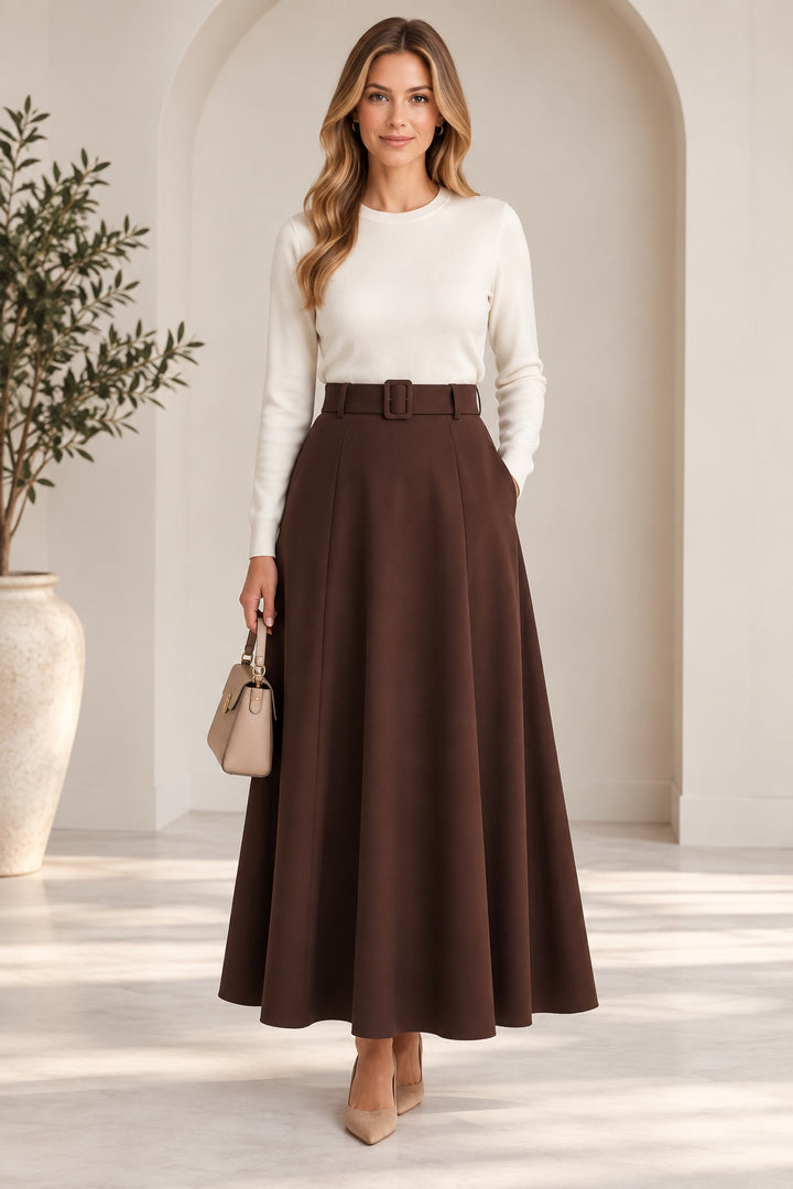 Audrey | Belted A-Line Midi Skirt — Brown (front)