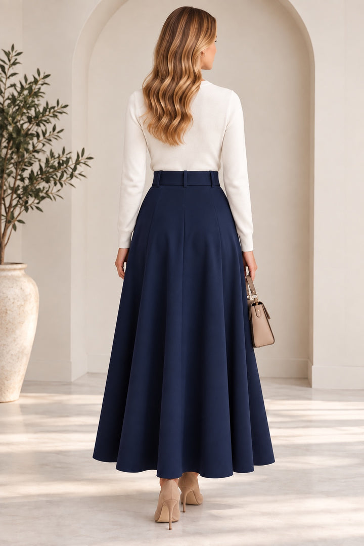Audrey | Belted A-Line Midi Skirt — Navy (back)