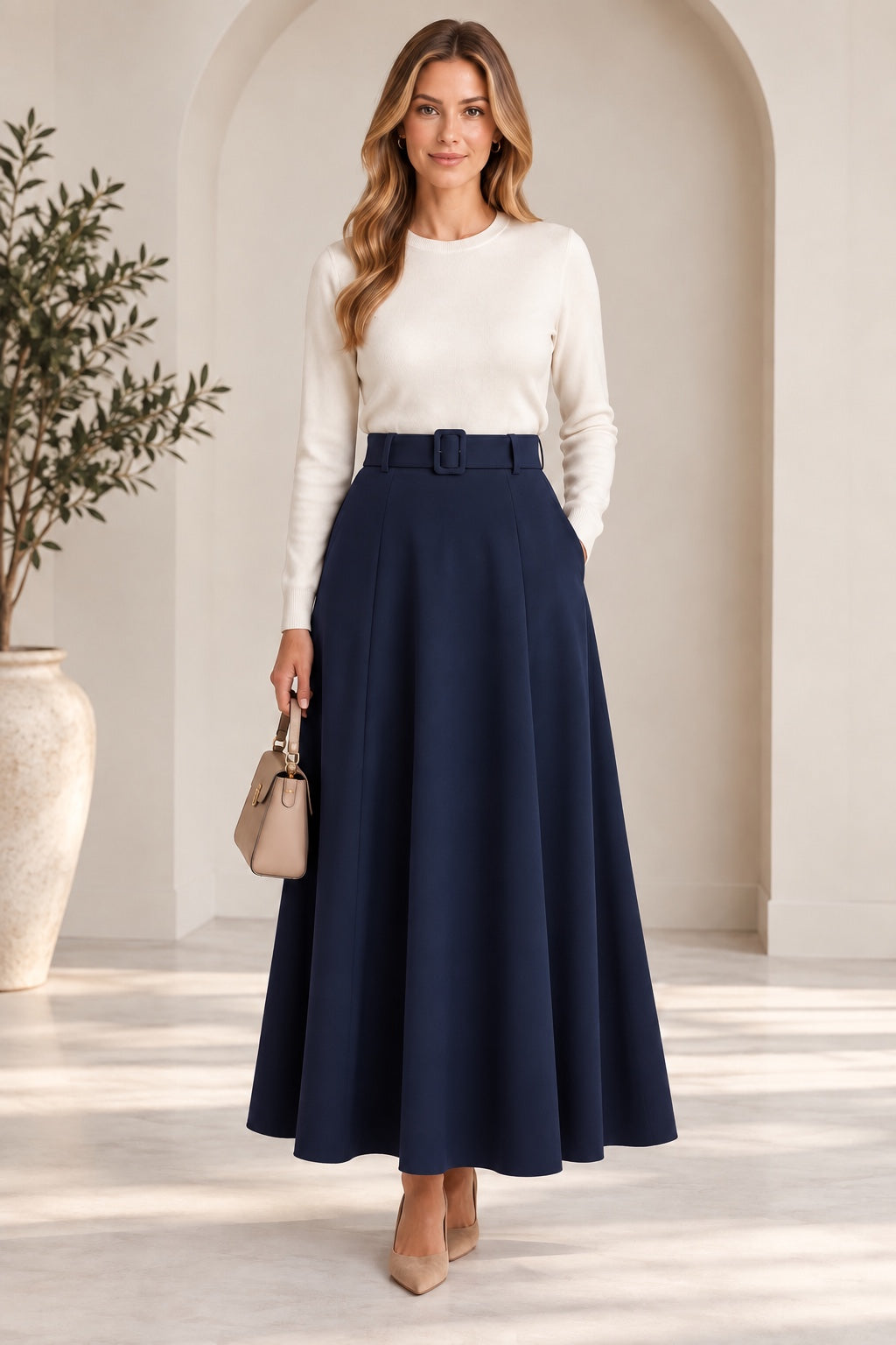 Audrey | Belted A-Line Midi Skirt — Navy (front)