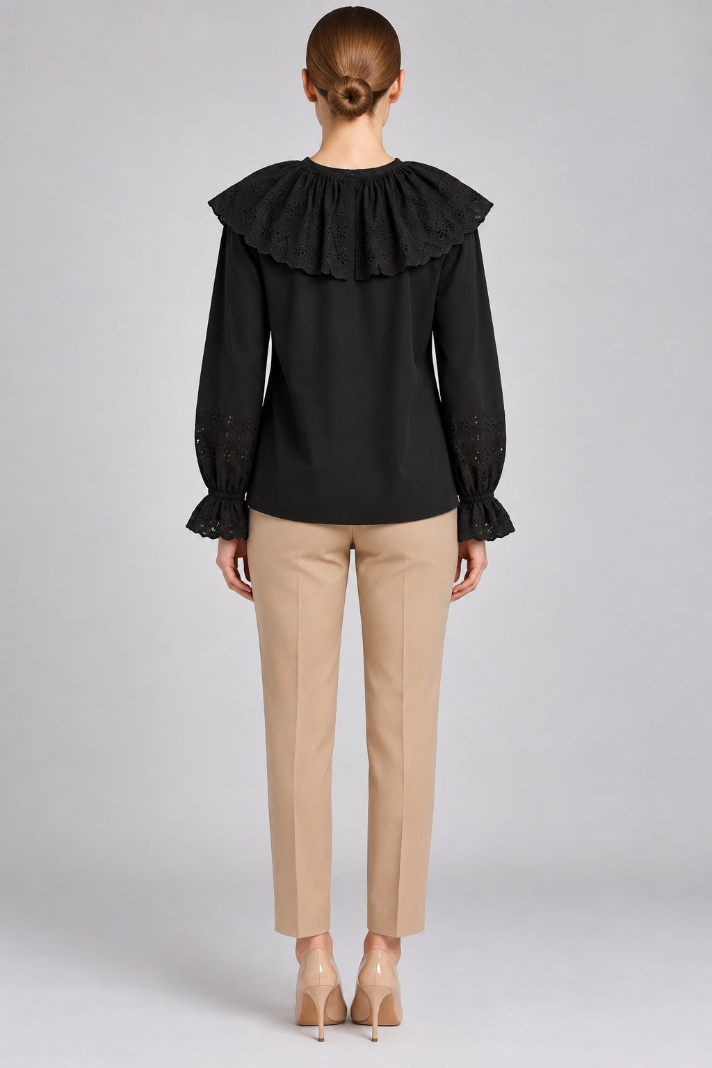 Persephone | Eyelet Bib Cape Collar Blouse — Black (back)