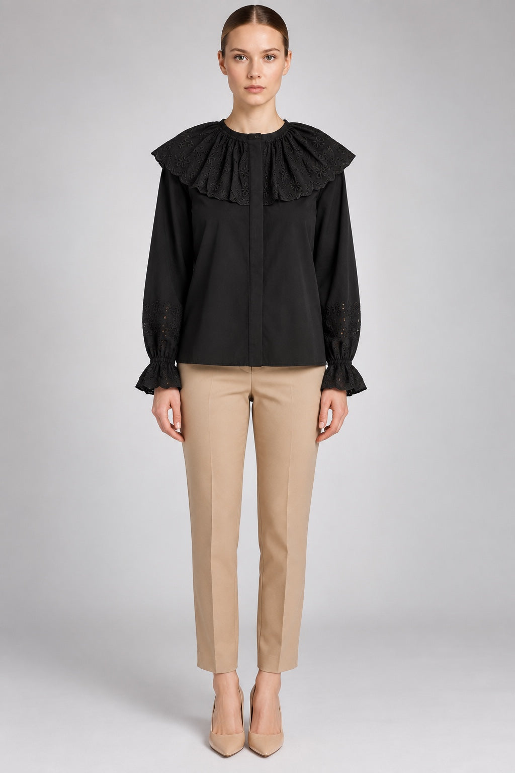 Persephone | Eyelet Bib Cape Collar Blouse — Black (front)