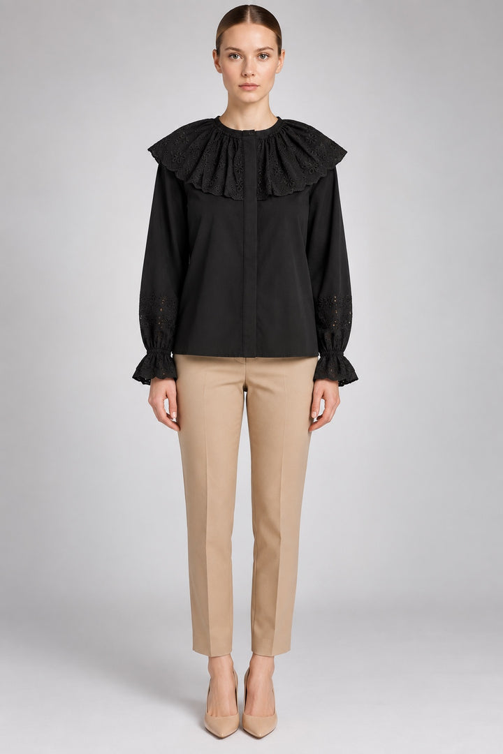 Persephone | Eyelet Bib Cape Collar Blouse — Black (front)