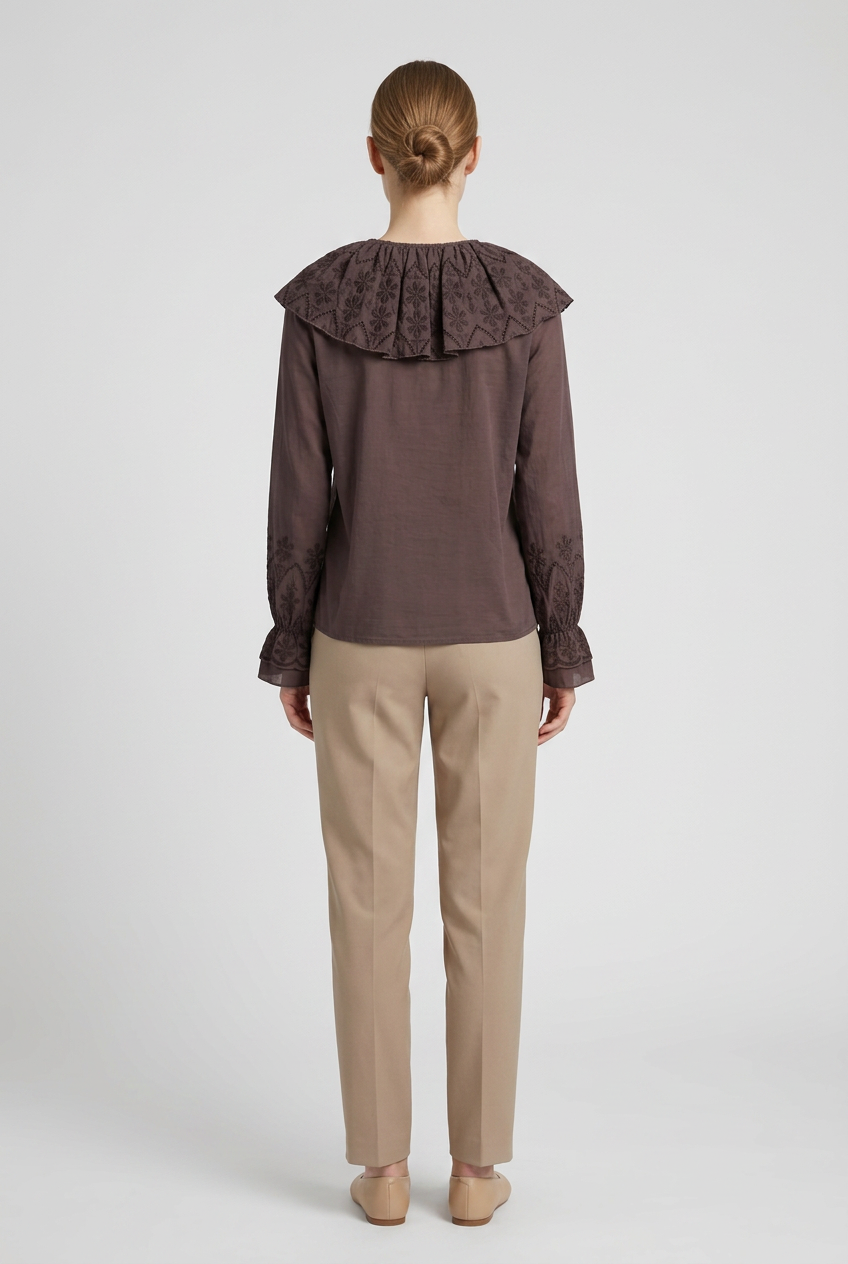 Persephone | Eyelet Bib Cape Collar Blouse — Brown (back)