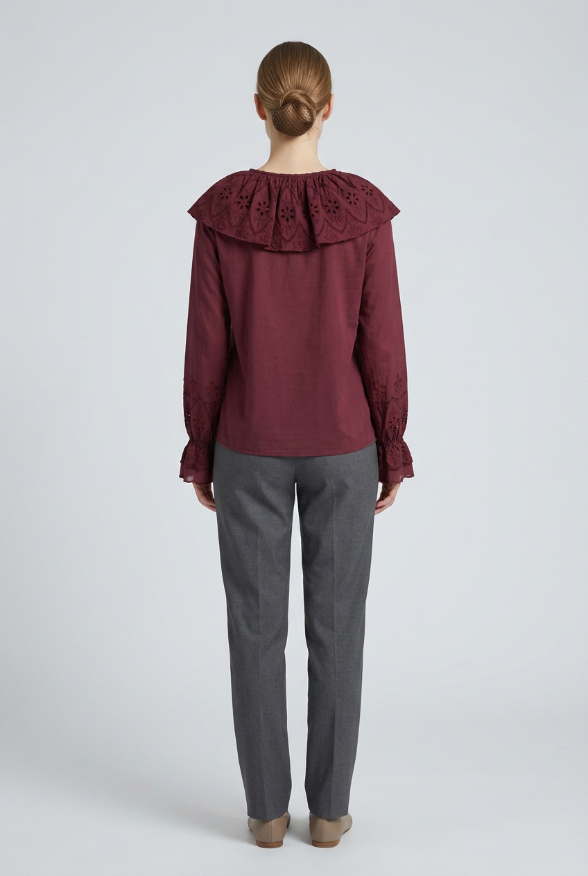 Persephone | Eyelet Bib Cape Collar Blouse — Burgundy (back)