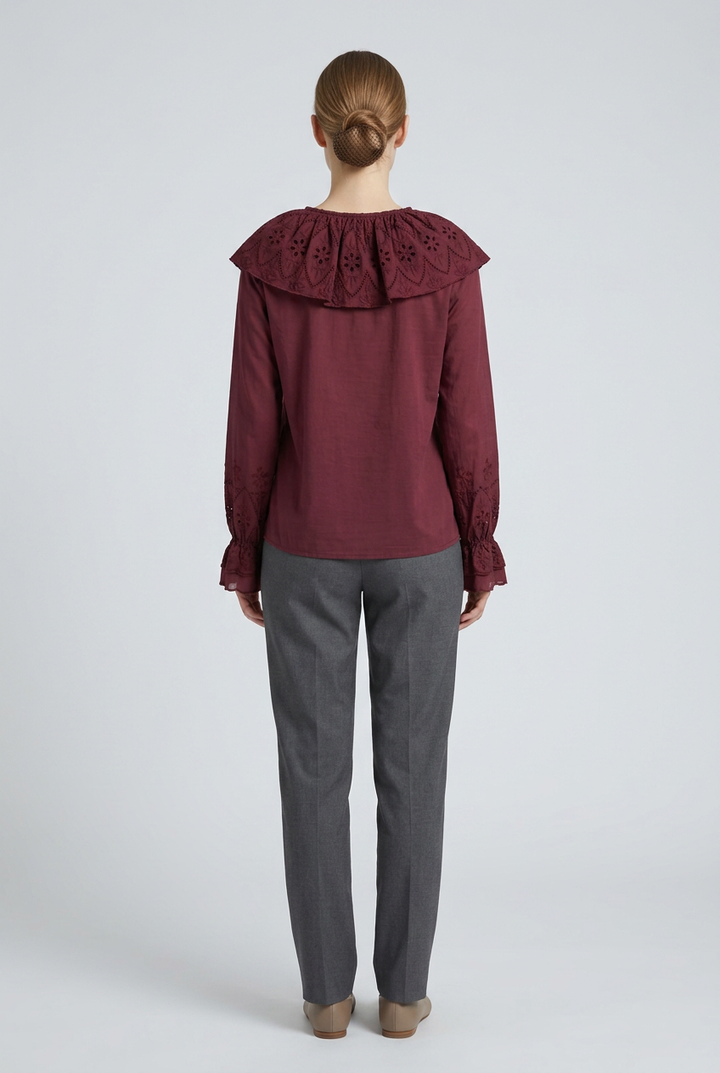 Persephone | Eyelet Bib Cape Collar Blouse — Burgundy (back)