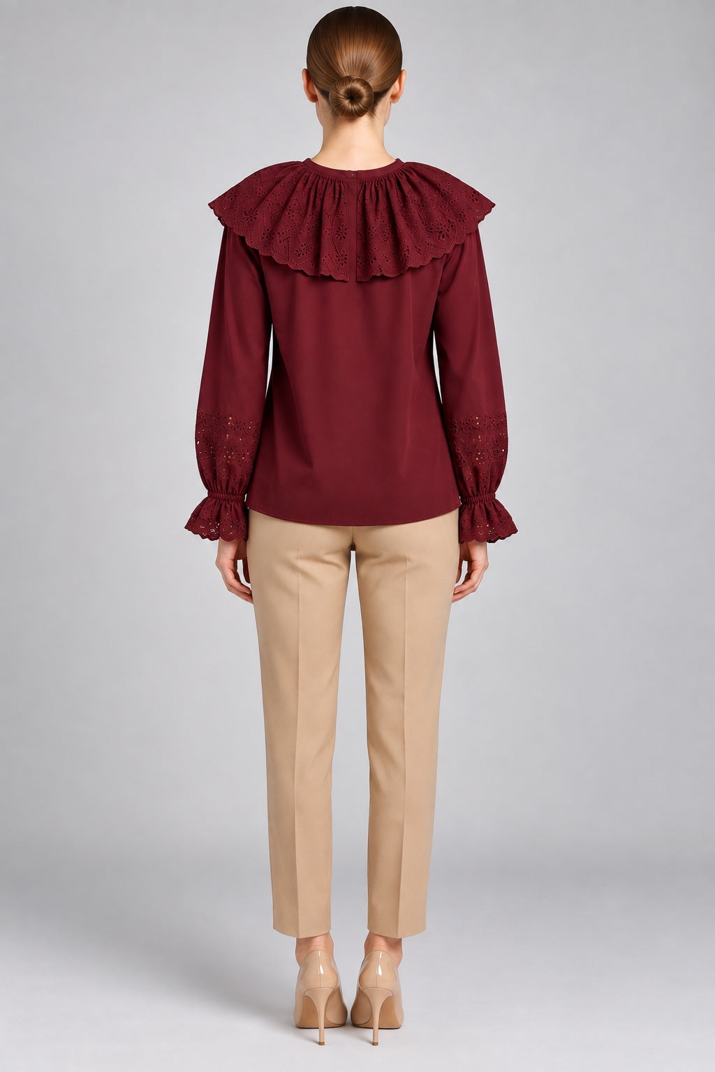 Persephone | Eyelet Bib Cape Collar Blouse — Burgundy (back)