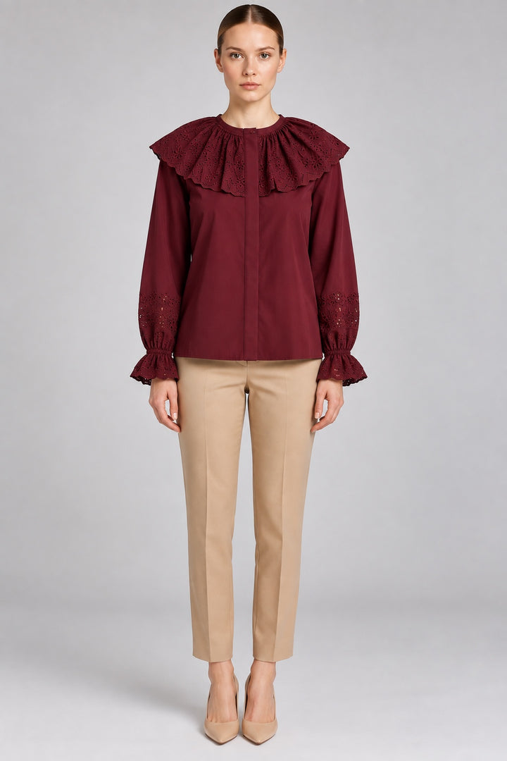 Persephone | Eyelet Bib Cape Collar Blouse — Burgundy (front)