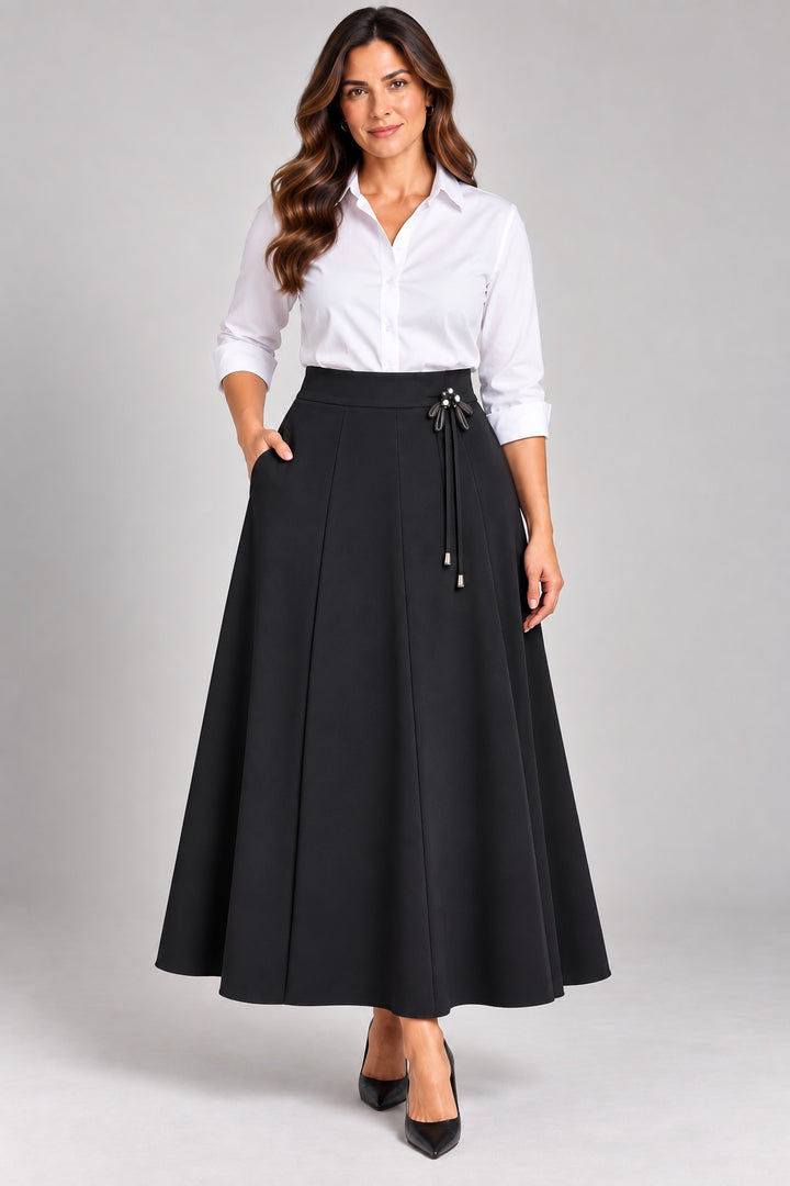 Noir | Tassel Side Maxi Skirt — Black (front)