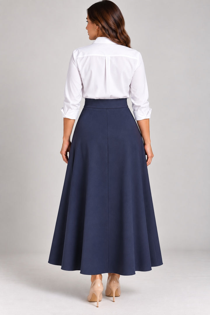 Noir | Tassel Side Maxi Skirt — Navy (back)
