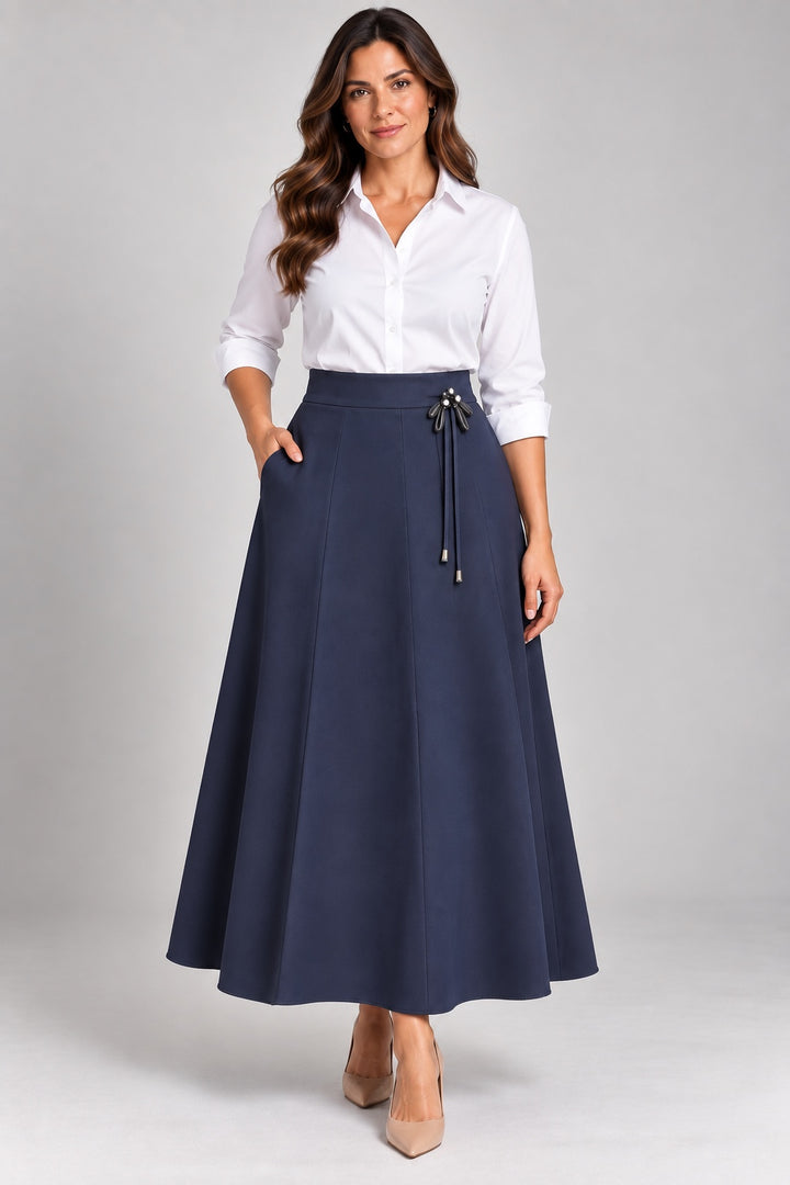 Noir | Tassel Side Maxi Skirt — Navy (front)