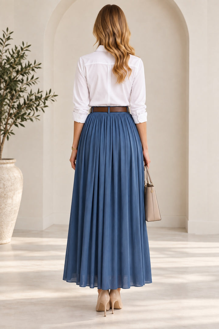 Azure | Pleated Flowy Maxi Skirt — Blue (back)