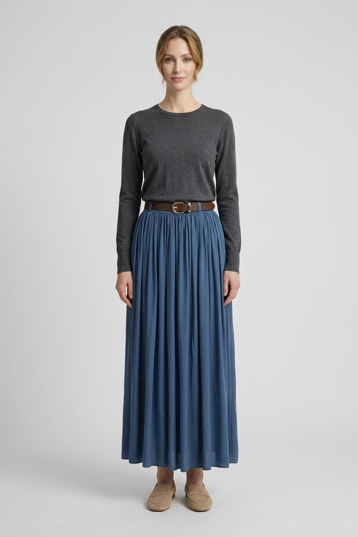 Azure | Pleated Flowy Maxi Skirt — Blue (front)