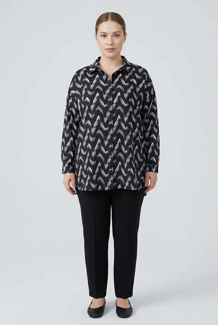 Freya | Brushed Chevron Print Shirt — Black (front)