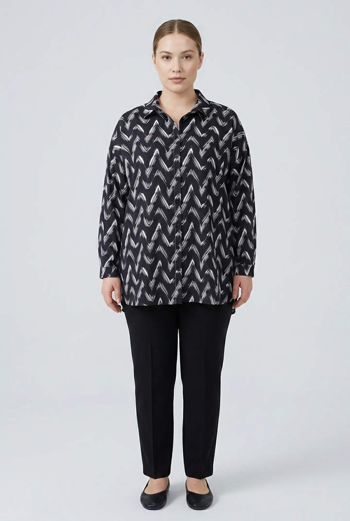 Freya | Brushed Chevron Print Shirt — Black (front)