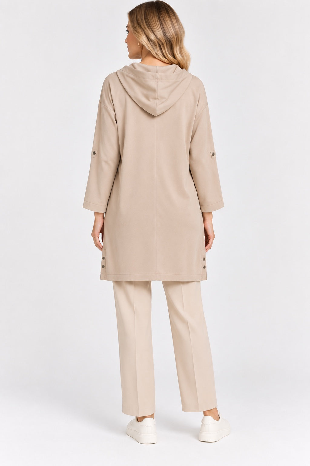 Dune | Satin-Touch Hooded Zip Cape — Beige (back)