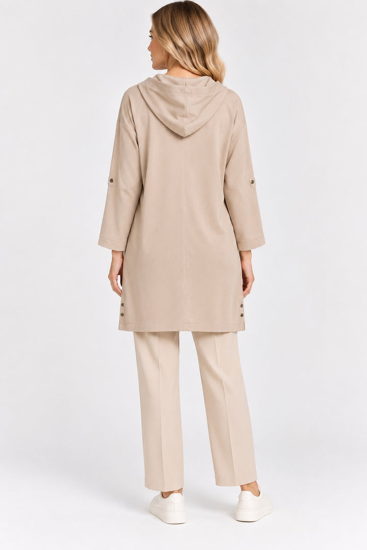 Dune | Satin-Touch Hooded Zip Cape — Beige (back)
