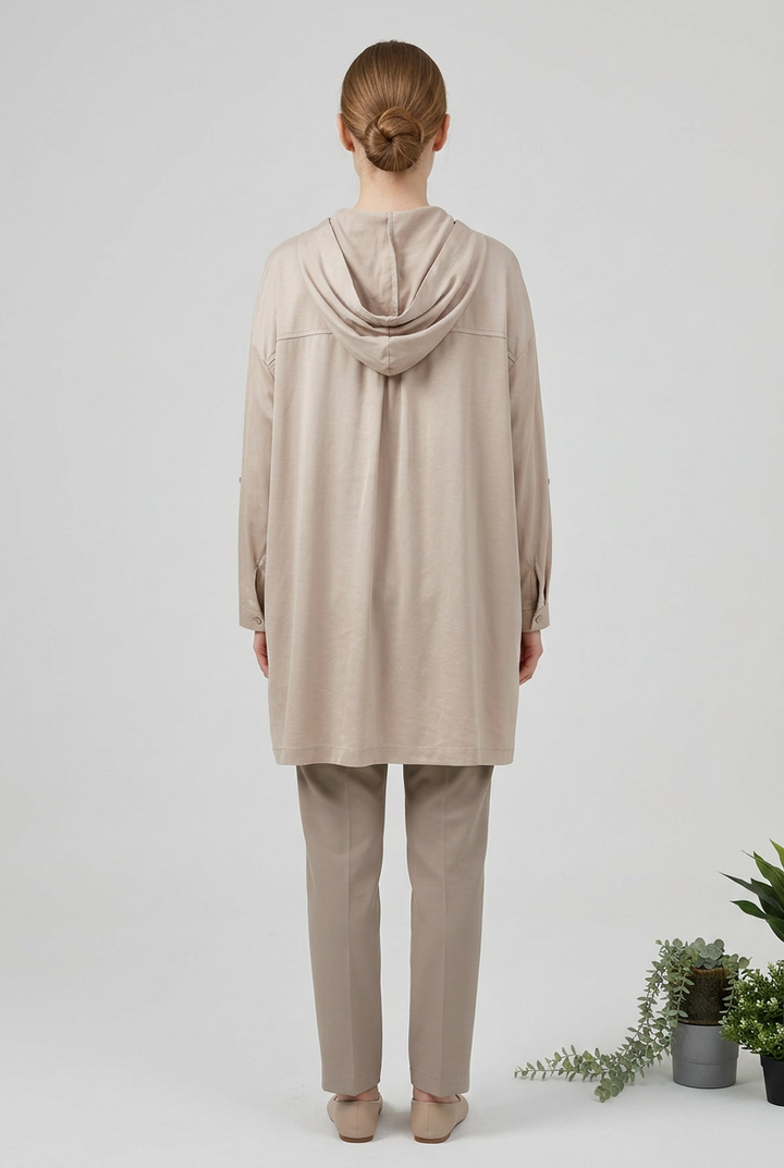 Dune | Satin-Touch Hooded Zip Cape — Beige (back)