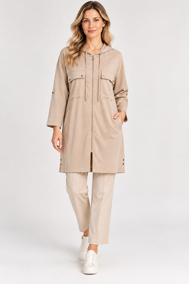 Dune | Satin-Touch Hooded Zip Cape — Beige (front)