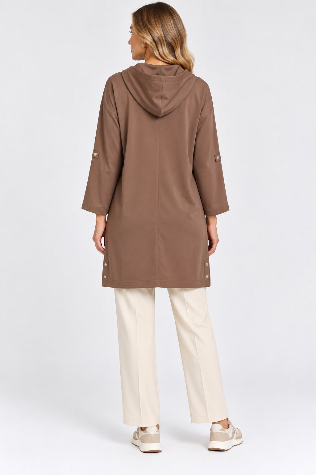 Dune | Satin-Touch Hooded Zip Cape — Mocha (back)
