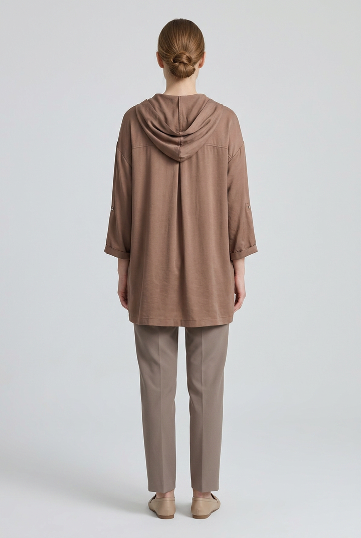 Dune | Satin-Touch Hooded Zip Cape — Mocha (back)