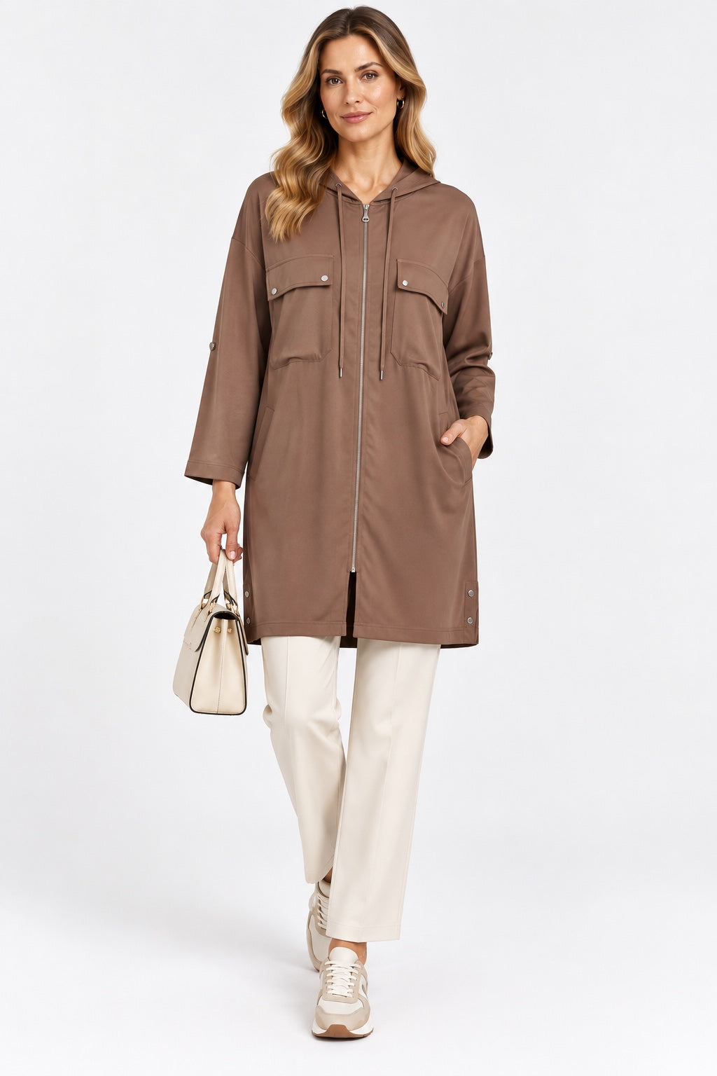 Dune | Satin-Touch Hooded Zip Cape — Mocha (front)