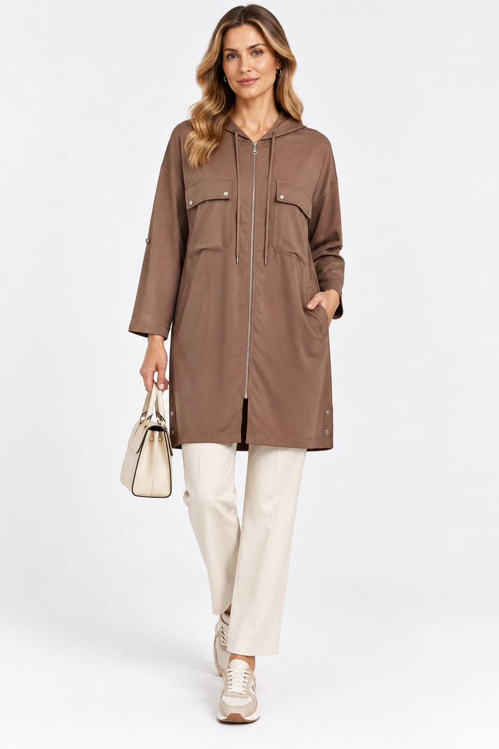 Dune | Satin-Touch Hooded Zip Cape — Mocha (front)