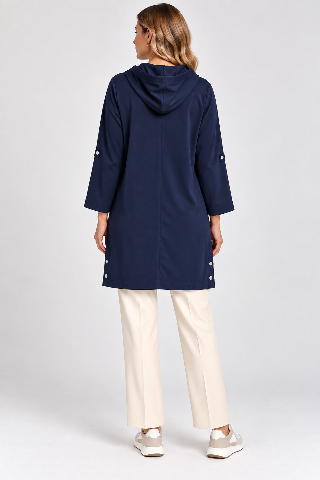 Dune | Satin-Touch Hooded Zip Cape — Navy (back)