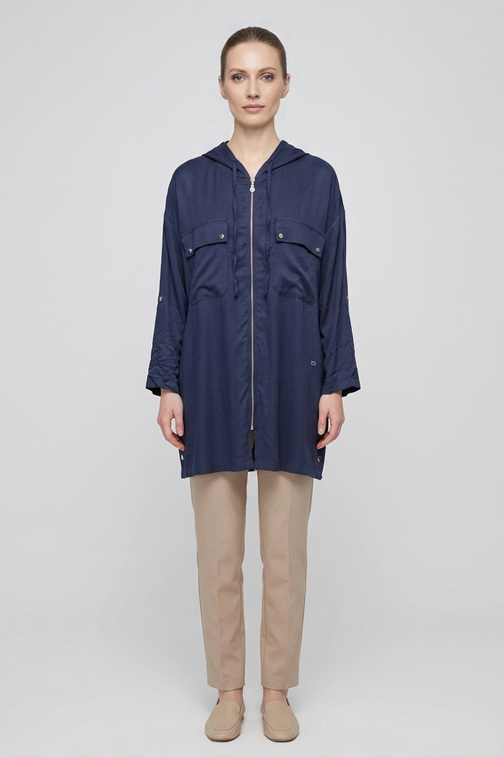 Dune | Satin-Touch Hooded Zip Cape — Navy (front)