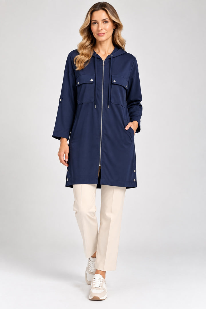 Dune | Satin-Touch Hooded Zip Cape — Navy (front)
