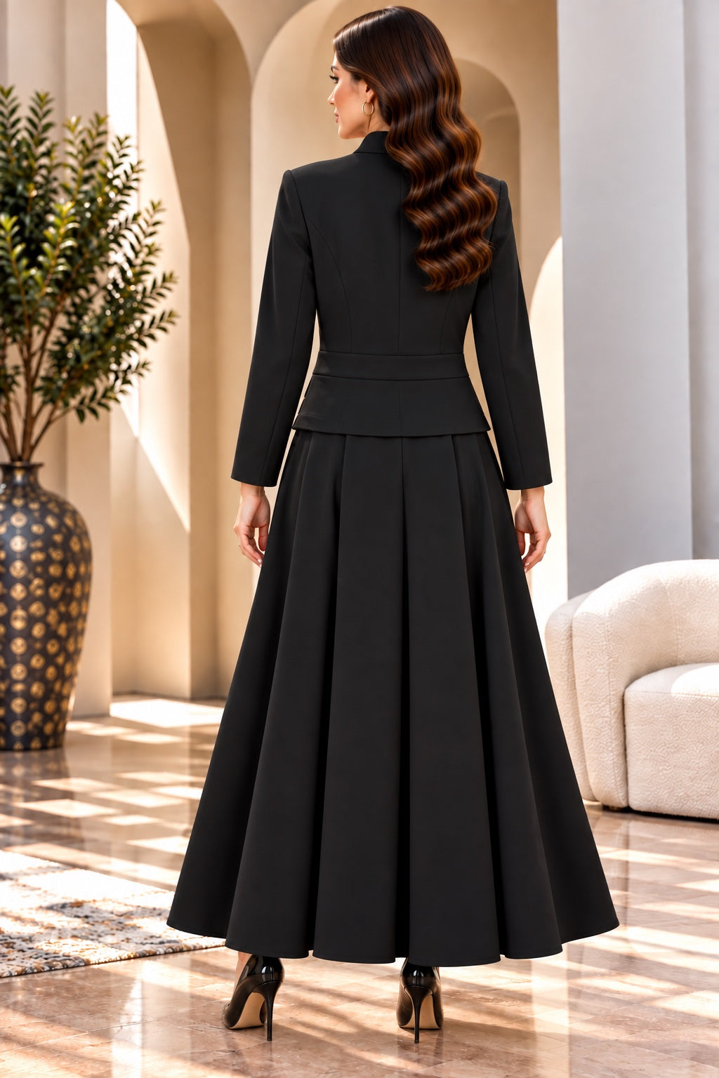 Ambra | Structured Peplum Blazer &amp; Skirt Set — Black (back)