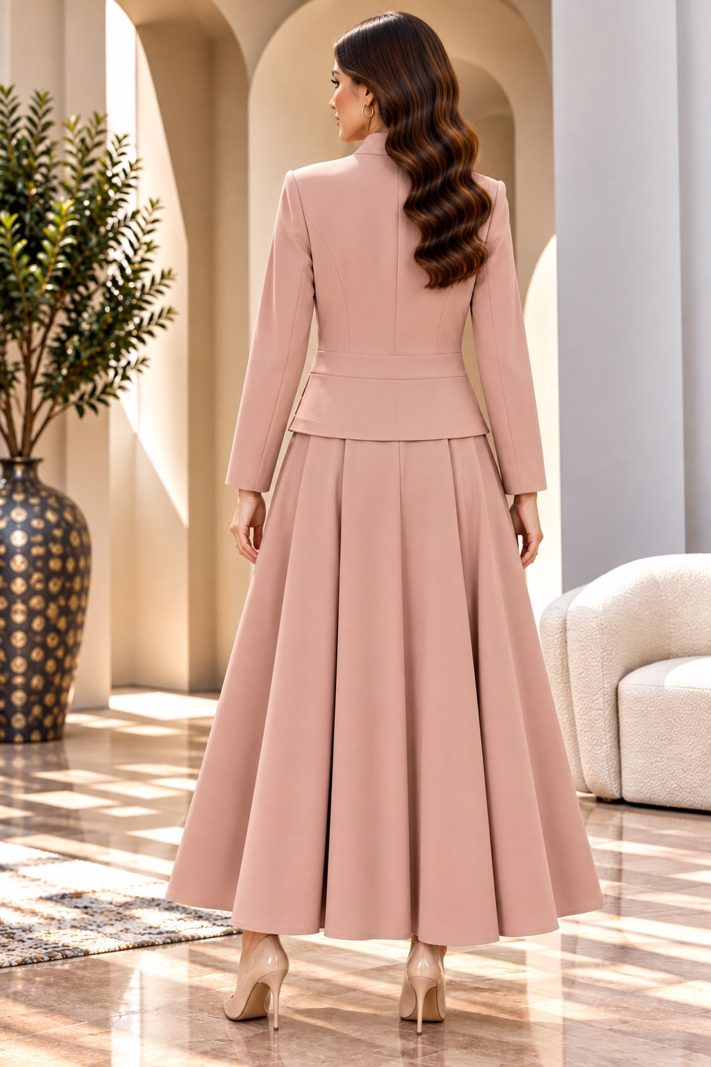Ambra | Structured Peplum Blazer &amp; Skirt Set — Pink (back)