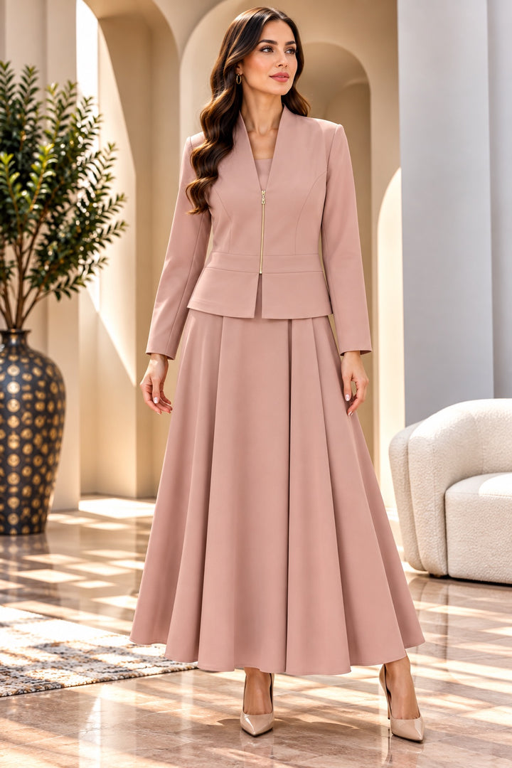 Ambra | Structured Peplum Blazer &amp; Skirt Set — Pink (front)